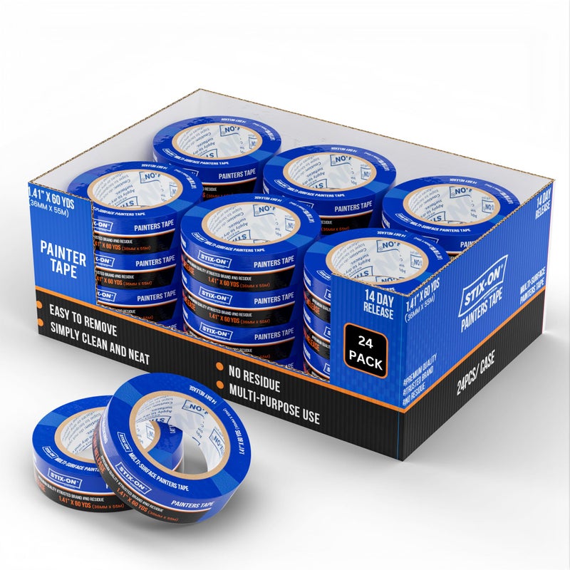STIX-ON Painters Tape 1.5 inch Wide, 24 Roll Painting Tape, Blue Masking Tape for Painting Walls, DIY, Surface-Safe & Residue-Free, Edge Paint, 1.41 Inch X 60 Yards X 24 Rolls, Bulk - Image 1